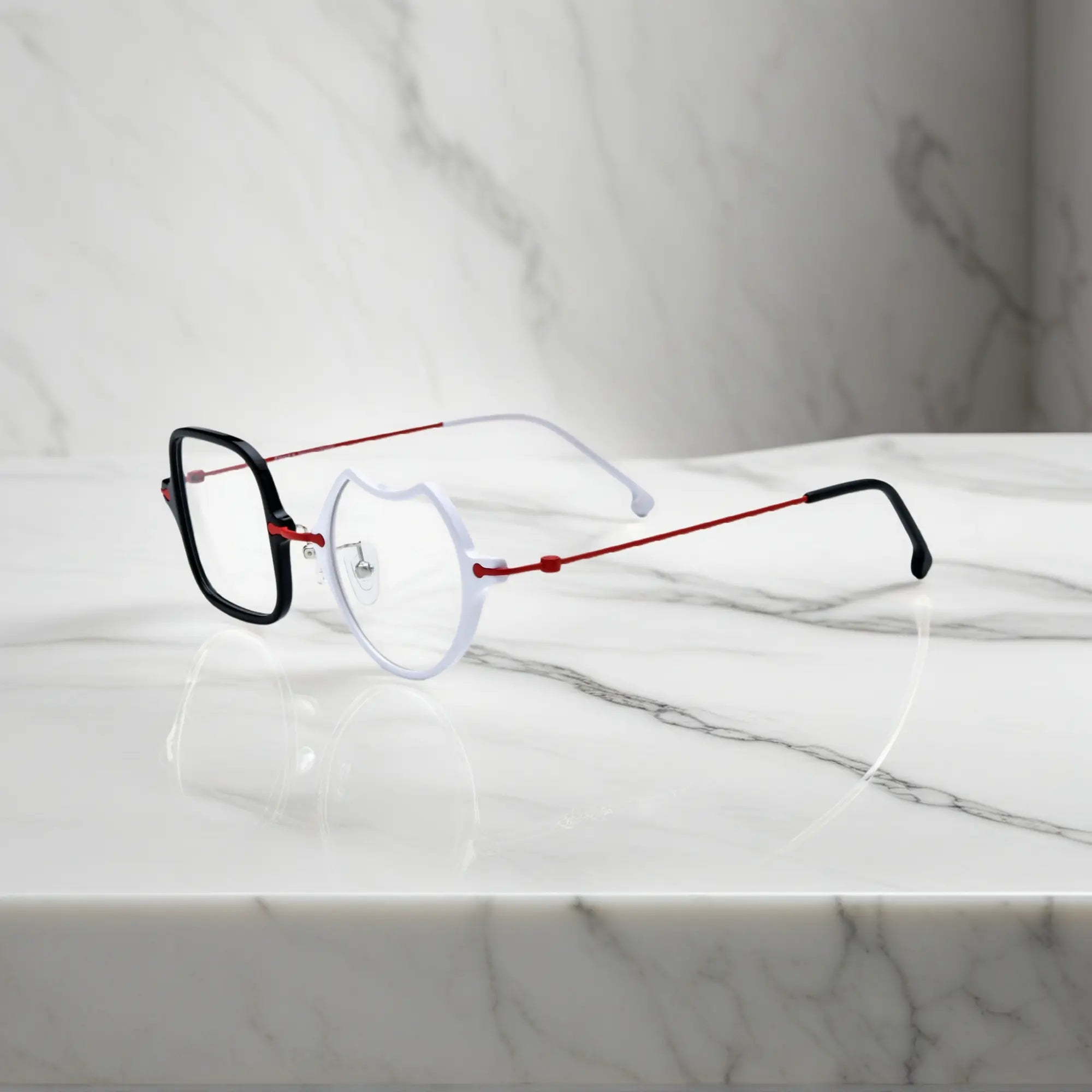 Side View of VoyueLens™ Frosted Crimson asymmetric titanium eyeglasses VL185842-C2. Side profile emphasizing the sleek titanium temples and ergonomic curve.